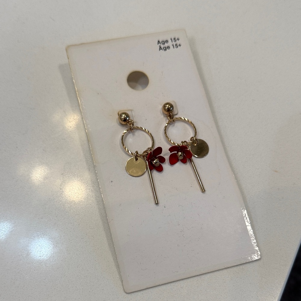 Gold and Red Floral Drop Earrings